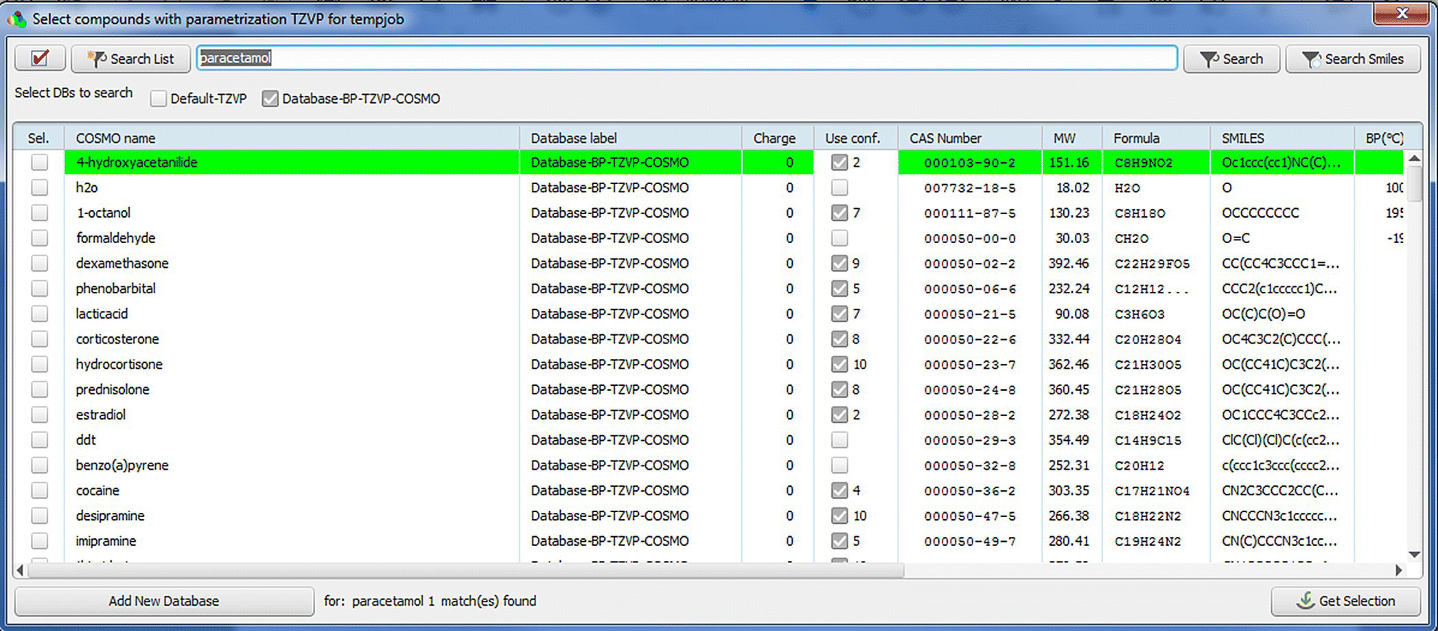 Screenshot of Select compounds with parameterization TZVP for tempjob window displaying a data entry field for search list labeled paracetamol. Under select DBs to search is a checked box for Database-BP-TZVP-COSMO.