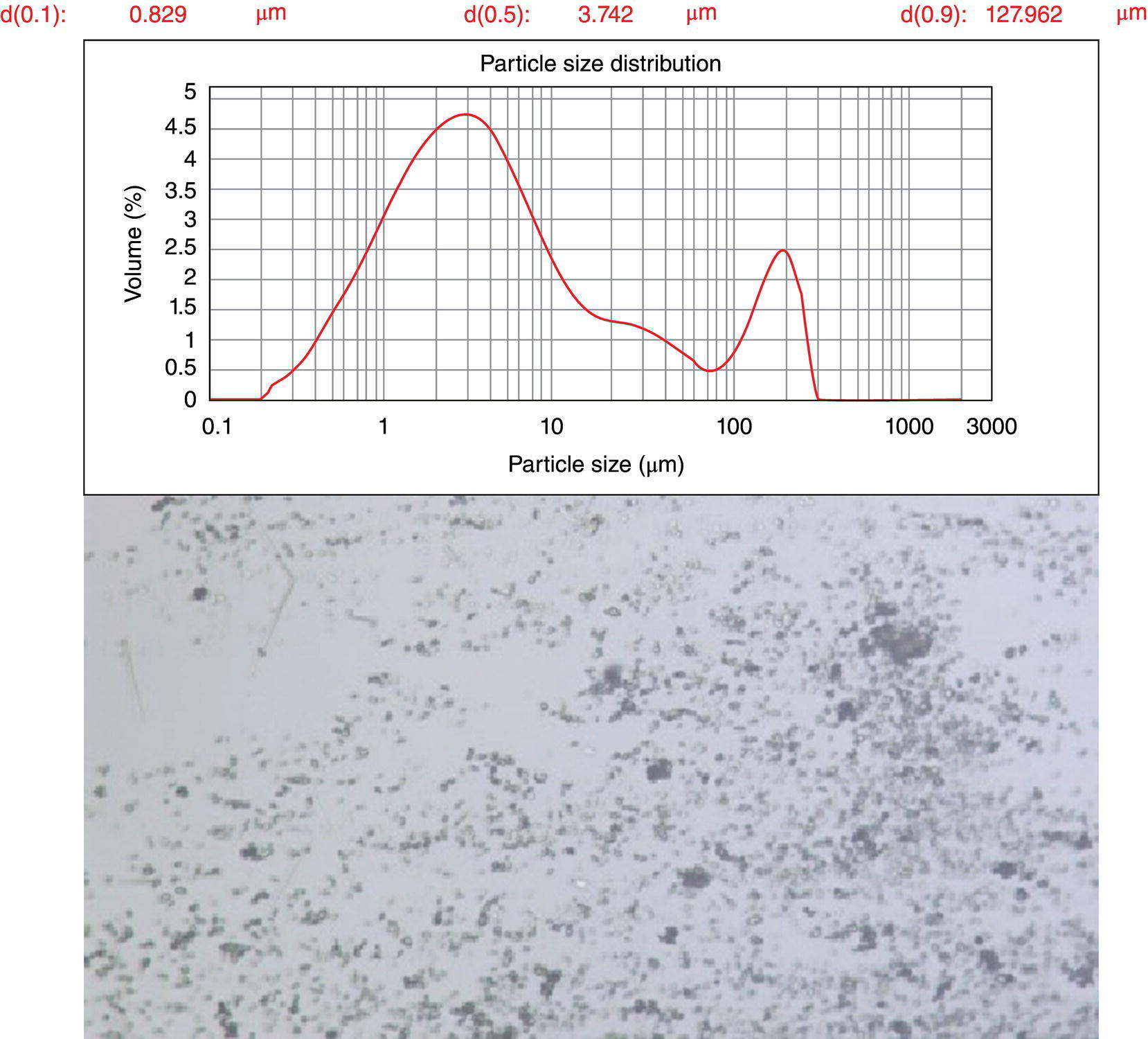 Graph (top) illustrating the particle size distribution displaying a solid wave with corresponding microscope image (bottom) of the API intermediate.