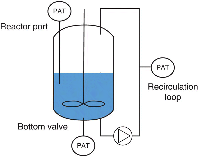 Schematic diagram of different possible PAT configurations involving the reactor port with bottom valve connected to the recirculation loop.