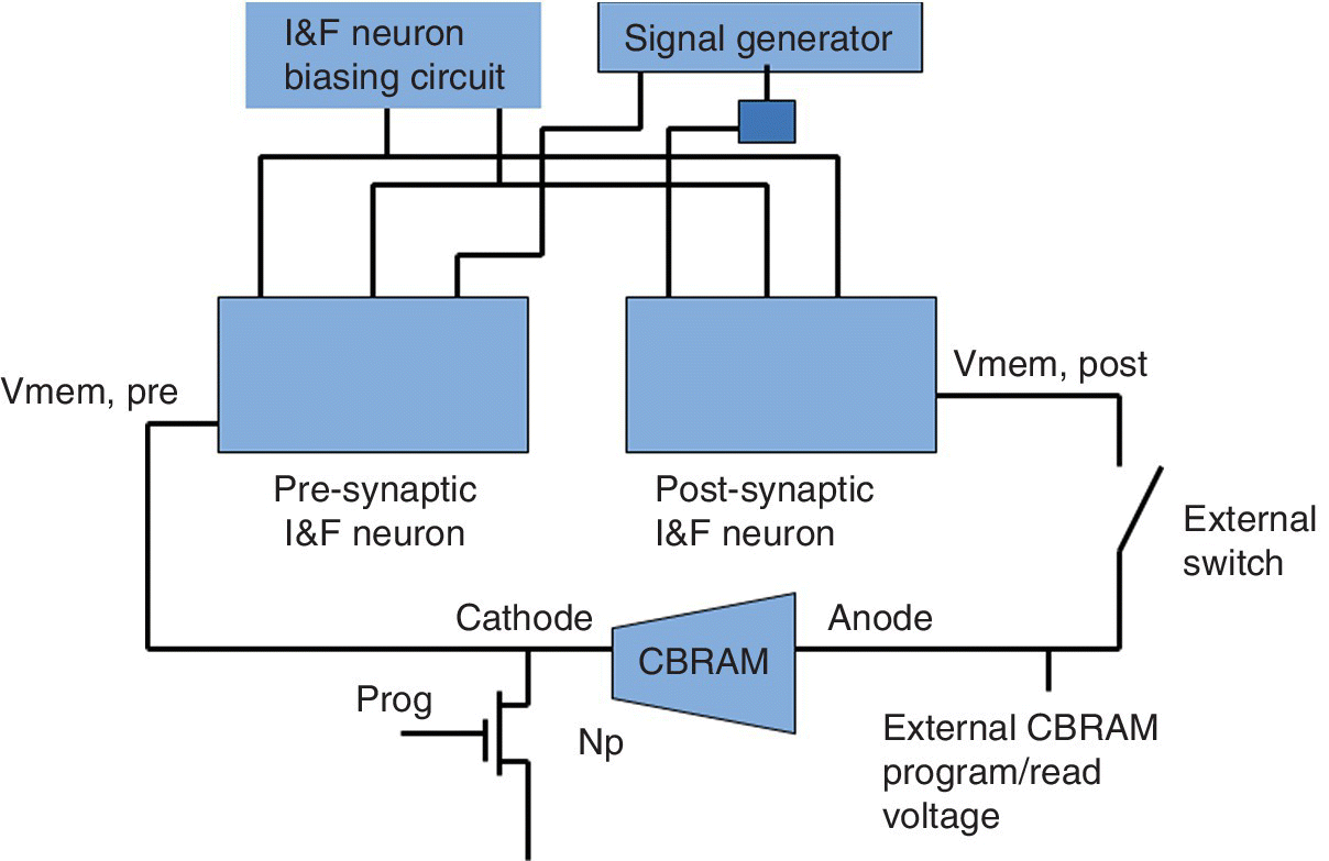 STDP demonstration with CMOS neurons connected using a single CBRAM synapse (cone shape) with parts labeled Pre-synaptic I&F neuron, Post-synaptic I&F neuron, External switch, Cathode, Anode, etc.