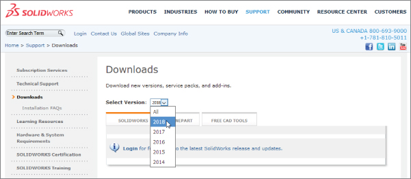 SolidWorks website window displaying Downloads area, with a dropdown arrow for Select Version highlighting 2018, pointed by an arrowhead.