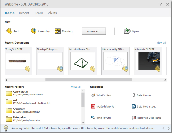 Welcome – SOLIDWORKS 2018 window with Home tab selected displaying 4 sections for New, Recent documents, Recent folders, and Resources. Recent folders have 4 folders for Cerro Metals, old, Crenshaw, and Enterprise.