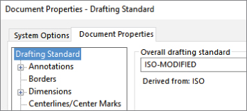 Snipped image of Document Properties–Drafting Standard with Document Properties tab selected, displaying Drafting Standard highlighted on the left and ISO–MODIFIED boxed on the right.