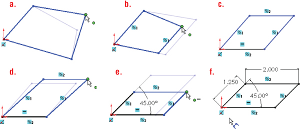 6 Schematics illustrating sketches of 4 lines forming polygons with different dimensions. Each has arrowhead cursors pointing on their respective portions.