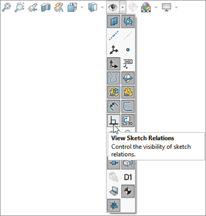 Snipped image with the Heads–up View toolbar selected displaying a menu of different tool buttons, with the arrowhead cursor pointing at View Sketch Relations button.