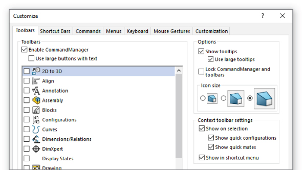 Snipped image of Customize dialog box displaying Toolbars tab selected. There are 3 sections for Toolbars, Options, and Context toolbar settings. Under Toolbars section is 2D to 3D highlighted.