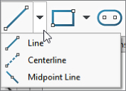 Snipped image of options with the Line flyout toolbar pointed by an arrowhead displaying Line, Centerline, and Midpoint Line. 
