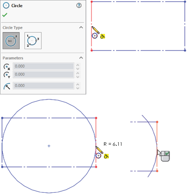 Dialog box for circle with 2 sections for Circle type and Parameters. On the right and bottom portion are outlines of a rectangle and circle, respectively, with different icons such as a pencil and an arrowhead.