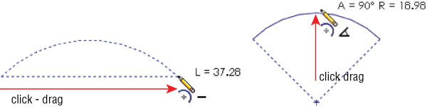Left: A dashed semicircle for L = 37.28 with a pencil icon, and a rightward arrow below labeled click–drag. Right: a quarter circle in solid and dashed line for A = 90° R = 18.98, with an upward arrow labeled click drag.