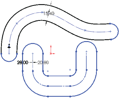 2 Schematics of 2 curvatures illustrating Cap ends option, with labels 15.40 (top) and 20.00 and 20.00 (bottom).