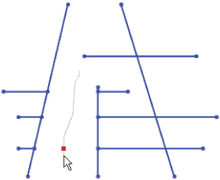 Schematic of Power trim in action illustrated by interconnected lines with endpoints, with a square marker at the lower portion pointed by an arrowhead.