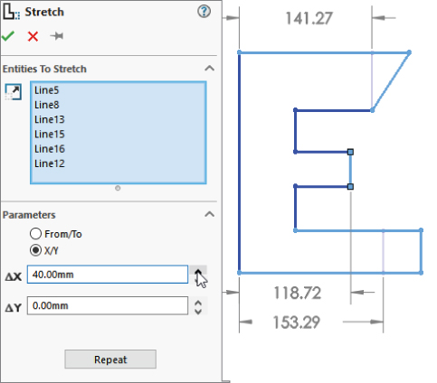 Left: Stretch dialog box with 2 sections for Entities To Stretch and Parameters, with Repeat button at the bottom. Right: schematic displaying lines forming letter E with arrows labeled 141.27, 118.72, and 153.29.
