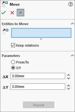 Move dialog box with sections for Entities to Move and Parameters. A checked box for Keep relations is under Entities to Move. X/Y is bulleted under parameters. At the bottom is a button for Repeat.