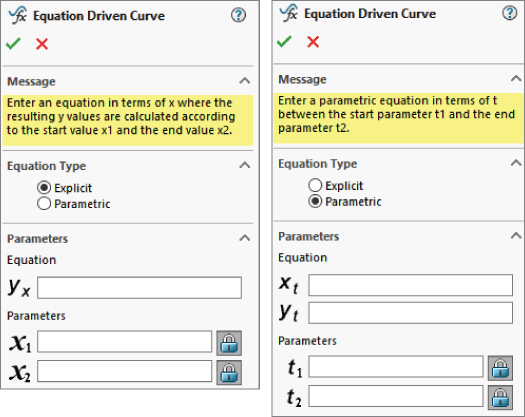 2 Equation Driven Curve dialog boxes with a message of “Enter an equation in terms of x where the resulting y values are calculated…” (left) and “Enter a parametric equation in terms of t between the start…” (right).