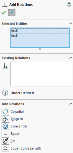 Add relations dialog box with 3 sections for Selected Entities, Existing Relations, and Add Relations. Under Selected Entities are labels Arc6 and Arc8. Under Add Relations are tools for Coradial, Fix, Equal, etc.