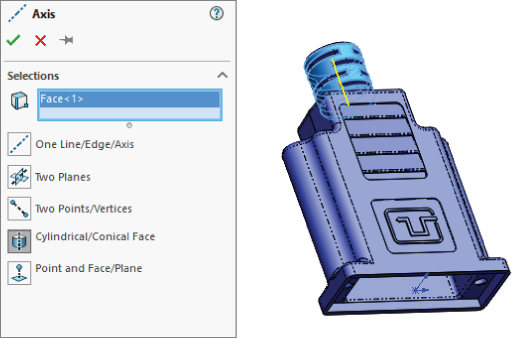 Left: Axis dialog box displaying a data entry field for Selections labeled Face<1>, with other commands below such as 1 Line/Edge/Axis and 2 Planes. Right: 3D illustration of an irregular–shaped object.