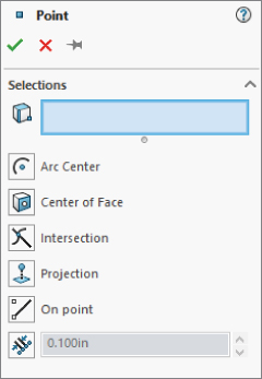 Point dialog box displaying Selections along elements below for Arc Center, Center of face, Intersection, Projection, and On point, with a data entry field labeled 0.100in.