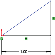 A right triangle with a horizontal double–headed arrow below labeled 1.00. On the lower–left endpoint is an upward arrow attached.
