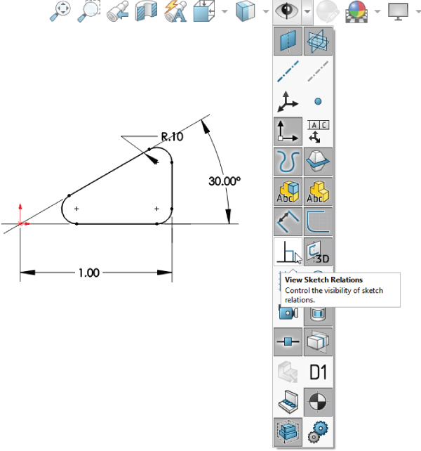 Snipped image displaying a dropdown menu with View Sketch Relations selected. On the left is a schematic of an irregular shape with arrows labeled R.10, 30.00°, and 1.00.