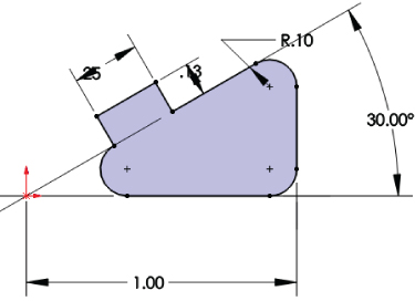Schematic of an irregular shaded shape, sort of a right triangle with curved edges, plotted with a small rectangle on the left portion, with arrows labeled .25, .13, R.10, 30.00°, and 1.00 depicting diameters.