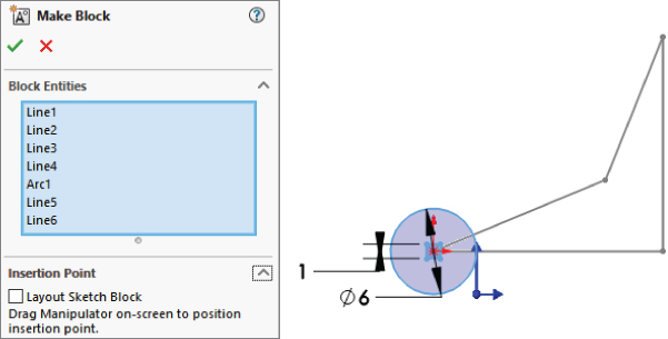 Left: Make Block dialog box with an entry field for Block Entities labeled Line1, Line2, Line3, etc. Right: schematic displaying an irregular shape attached with a shaded circle on the lower left plotted with arrows.
