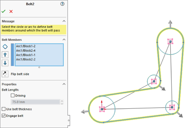 Left: Belt2 dialog box with a checked box for Engage belt under Properties section. Right: an irregular shape with 4 edges plotted with squares and circles, all connected with a line with arrows.