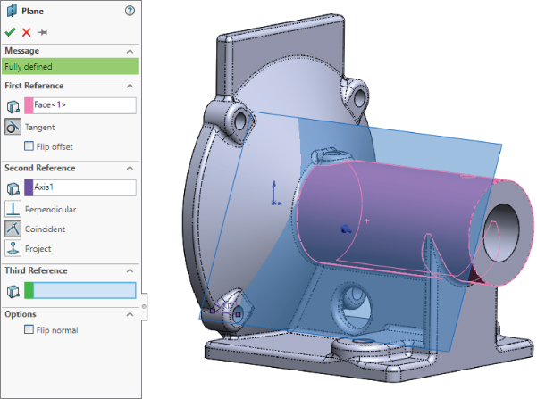 Left: Plane FeatureManager displaying Fully defined highlighted under Message, with data entry field for First Reference labeled Face<1>. Right: 3D illustration of an object with a cylinder with a center hole.
