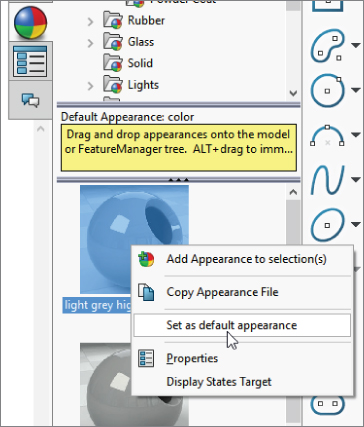 A window displaying a panel for Default Appearance color and a context menu with Set as default appearance being selected.
