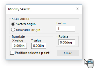 Modify Sketch dialog box displaying Scale About panel with Sketch origin radio button being selected and a field labeled 1 for Factor, Translate panel with 0.000in X and Y value, and Rotate panel with 0.00deg.