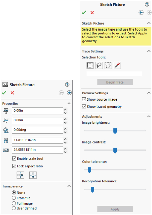 2 Sketch Picture PropertyManager displaying Properties and Transparency panels (left) and Sketch Picture, Trace Settings, Preview Settings, and Adjustments panels (right).