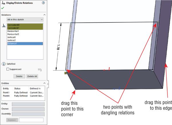 Left: Display/Delete Relations PropertyManager with panels for Relations and Entities. Right: A 3D sketch with arrows labeled two points with dangling relations and drag this point to this corner and edge.