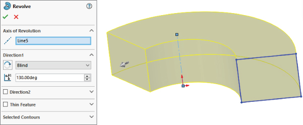 Revolve PropertyManager with panels labeled Axis of Revolution, Direction1 (Blind and 130.00deg), Direction2, Thin Feature, and Selected Contours. At the right is a 3D sketch.