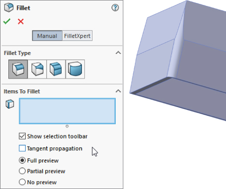 Fillet PropertyManager with Manual tab and panels for Fillet Type and Items To Fillet. The latter has Show selection toolbar checked box and Full preview radio button being selected. At the right is a 3D sketch.