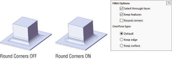 Left: Two 3D sketches with round corners off (left) and on (right). Right: Fillet Options panel with checked boxes labeled Select through faces and Keep features and radio button labeled Default.