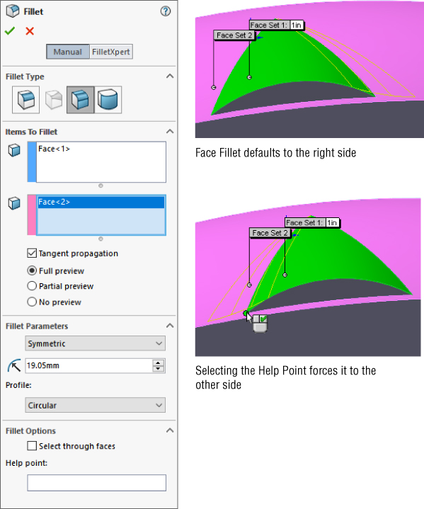 Fillet PropertyManager with Manual tab and panels (left) with corresponding 2 illustrations at the right for Face Fillet defaults to the right side (top) and Selecting the Help Point forces it to the other side (bottom).