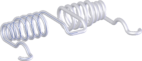 Illustration of a spring created by using a composite curve to join a 3D sketch, Variable Pitch helix, and projected curve.