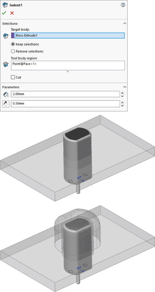 Indent1 dialog box (top) displaying text box labeled Boss–Extrude1 for target body, selected radio button Keep selections, Point@Face<1>, etc., with two 3D illustrations of a small motor inserted into the panel (bottom).
