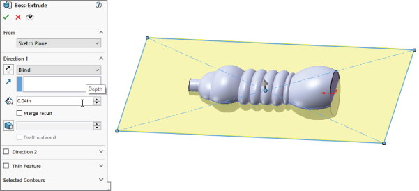 Left: Boss–Extrude dialog box with a dropdown for From (Sketch Plane option selected) and Direction 1 (Blind option selected). Right: 3D schematic illustrating a section of a bottle on a rectangular extrusion.