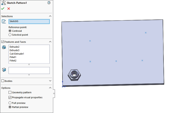 Sketch–Pattern1 dialog box displaying text box labeled Sketch5 with reference point selecting radio button for Centroid under Selections panel. On the right is a panel with a screw hole at the bottom right corner.