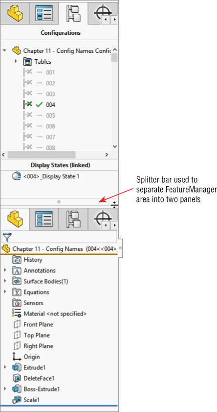 FeatureManager interface split panels displaying the Configuration–Manager in the upper panel and the FeatureManager in the lower panel with an arrow indicating Splitter bar used to separate… on the horizontal bar.