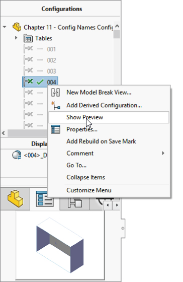 ConfigurationManager dialog box displaying expanded list for Chapter 11– Config Names… with a mouse hovering over Show Preview on the right–click option under highlighted 004 for Tables. 