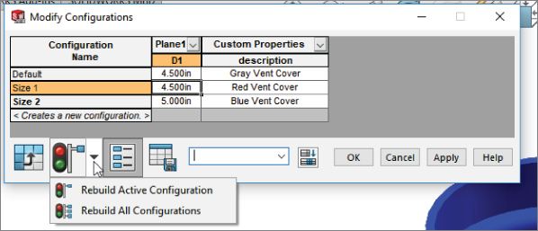 Modify Configurations dialog box displaying table with drop–down boxes on the headings labeled Plane1 (column 2) and Custom Properties (column 3), and a drop–down menu on the second icon from the left at the bottom of the box.