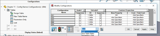 2 Overlapping dialog boxes for Configurations (left) and Modify Configurations (right) dialog boxes. Dialog box on right displays a table having 4 columns and a highlighted cost option on drop–down menu at the bottom.