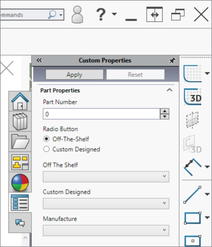 Custom Properties tab in use within the SolidWorks Task Pane interface with the tab displaying highlighted Apply button on top, spinner control labeled 0, radio button labeled Off–The–Shelf, and drop–down boxes.