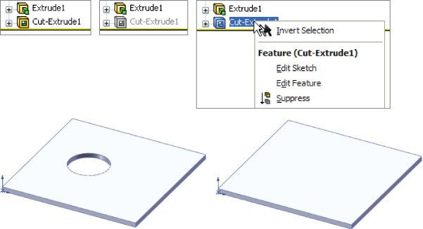 3 Screenshots of the navigation tree (top) with the one on the right having an RMB menu on highlighted Cut–Extrude1 condensed list. At the bottom are 3D structures of 2 panels with the panel on the left having a hole near middle.