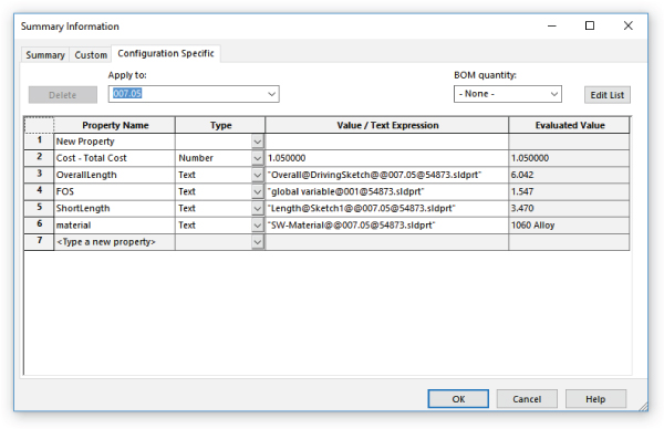 Configuration Specific tab in Summary Information dialog box displaying table with 4 columns labeled Property Name, Type, Value/Text Expression, and Evaluated Value (left–right). Column under Type are drop–down boxes. 