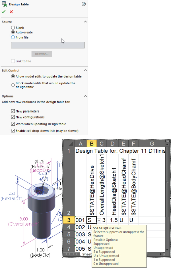 Design table dialog box displaying selected radio button labeled Auto–create for Source, Allow model… under Edit Control panel, etc. At the bottom is 3D structure of a screw with table having quick info on cell labeled S.