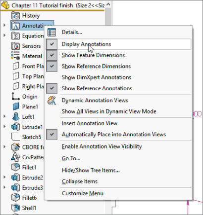 Configurations dialog box displaying the navigation tree with an arrow hovering on the Display Annotations option under the condensed Annotations folder.