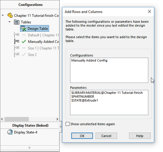 Configurations dialog box with expanded list highlighting Design Table option under Tables of Chapter 11 Tutorial… folder. On the right is Add Rows and Columns dialog box with 2 text boxes for Configurations and Parameters.