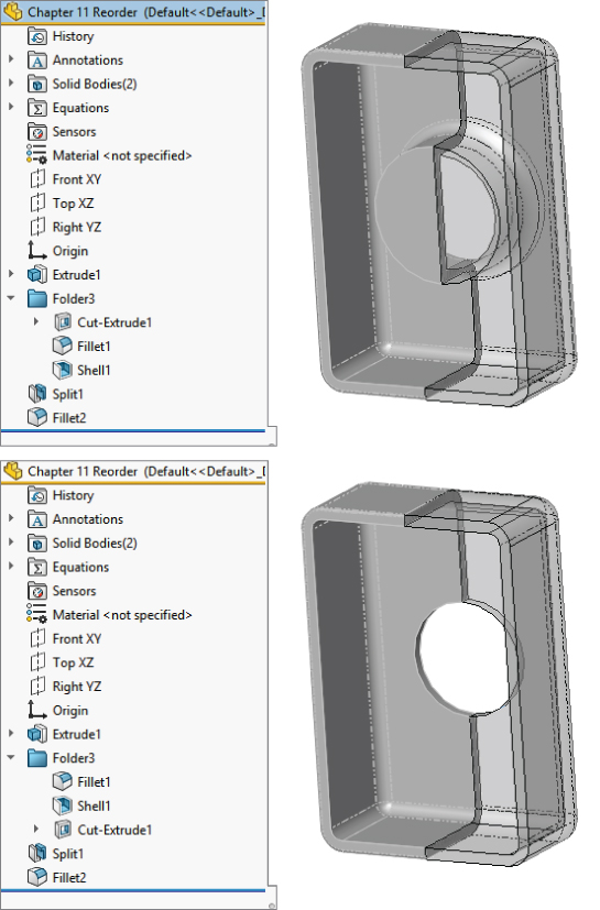 2 Chapter 11 Reorder dialog boxes with corresponding 3D structures of a rectangular shape of a part with hollow (top) and a hole (bottom) at the center of the shape.